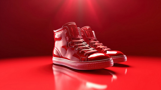 上高背景图片_红色背景上高鞋底的孤立红色运动鞋的 3D 渲染