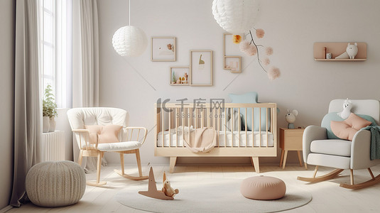 斯堪的纳维亚风格的儿童房是一个现代舒适的天堂，配有婴儿床扶手椅玩具和 3D 渲染的浅色墙壁