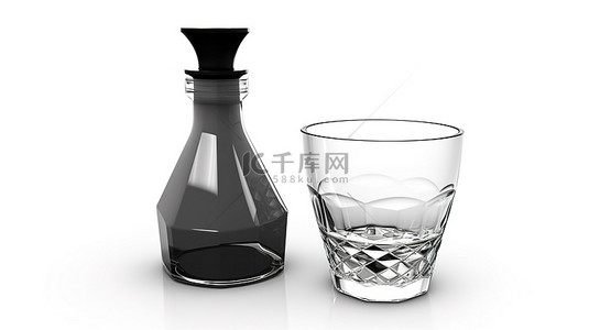 白色隔离背景上的牛奶水或果汁杯以及附带的醒酒器的 3D 插图