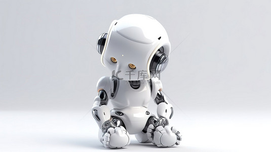可爱的机器人背景图片_一个可爱的人工智能机器人思考的白色背景隔离 3D 渲染