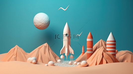 外太空行星上的火箭 3D 渲染的纸艺术杰作