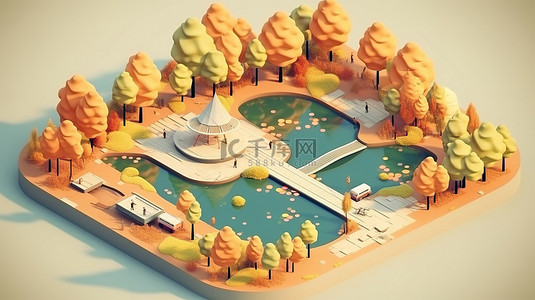 树枝枝条树叶背景图片_3D 等距平面风格的秋季公园概念