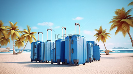 度假胜地背景图片_沙滩上的棕榈树和手提箱是 3D 渲染的热带度假胜地