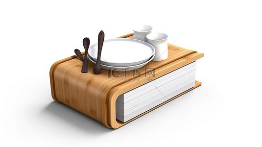 木架上的空食谱书，白色背景，用于个性化设计 3D 渲染
