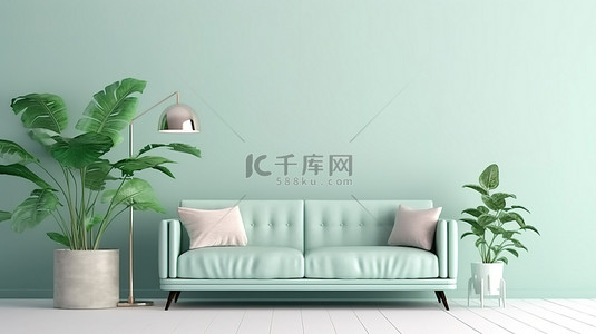 舒缓的薄荷客厅配有舒适的沙发绿化和优雅的灯 3D 渲染