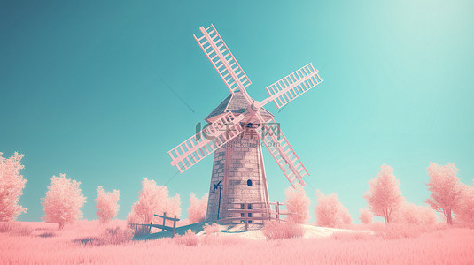 复古粉色风车农场，在 3D 创建的蓝色背景下具有双色调效果