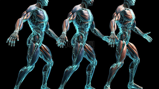 健身身体背景图片_动态中肌肉发达的男性人物构成 3d 渲染