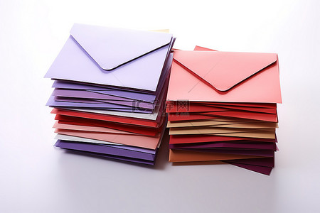 一堆纸质邮件，白色表面上有彩色信封