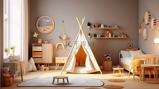 婴儿风格背景背景图片_斯堪的纳维亚风格儿童房的 3D 插图，配有天然木制家具