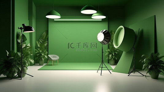 照明器背景图片_摄影工作室以绿色背景为特色，辅以柔光箱照明 3D 渲染
