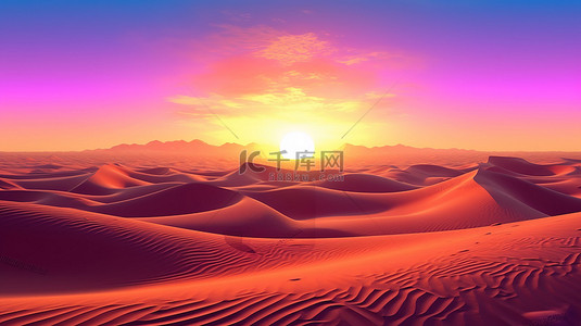 沙滩上的夕阳背景图片_令人惊叹的沙漠日落，阿拉伯沙滩上的美丽景象
