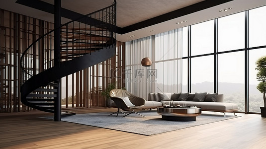 带弧形玻璃栏杆的现代风格夹层客厅 3d 渲染图