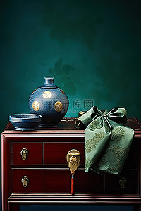 中式中秋背景图片_中式抽屉柜，配有礼物和小花瓶