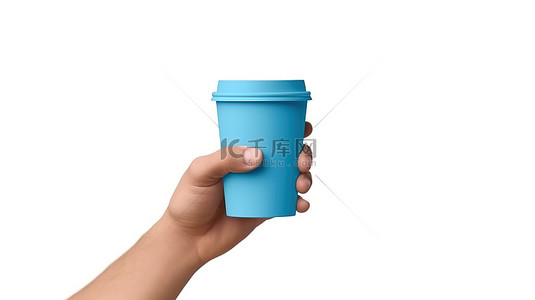咖啡杯手背景图片_3D 插图卡通手穿着蓝色衬衫，在白色背景下抓着纸咖啡杯