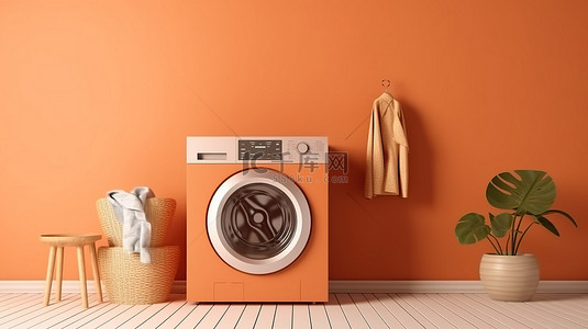 橙色室内 3D 渲染中金色单色的奇异洗衣篮和洗衣机