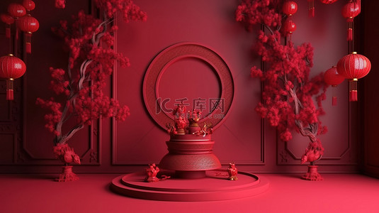红背景2022背景图片_3D 插图中的中国新年背景模板
