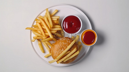 抹茶芝士背景图片_在 3D 渲染中鸟瞰美味快餐汉堡薯条喝番茄酱