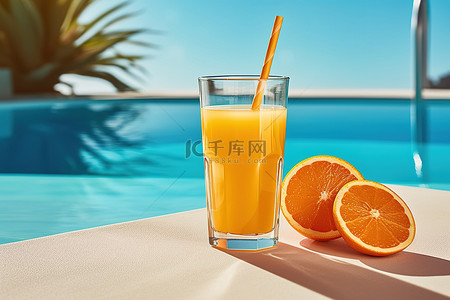 泼水池旁边的橙汁图片