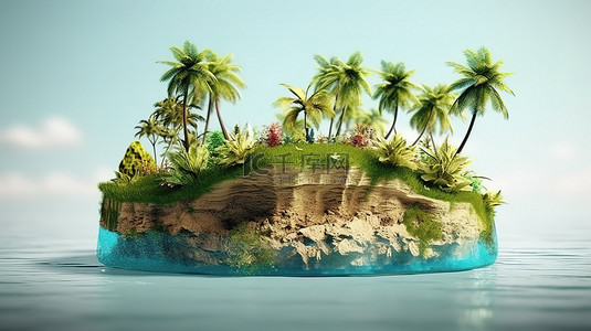 充满活力的微观世界令人惊叹的热带岛屿 3D 渲染，沙滩上有郁郁葱葱的绿色土地和棕榈树