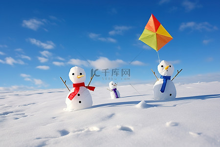 可爱雪人背景图片_雪地上放着风筝的雪人