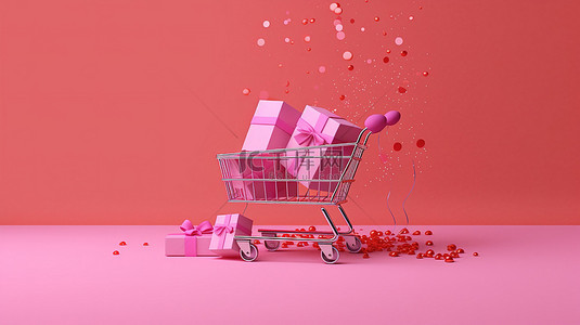 用于网页设计的节日圣诞节横幅，以购物袋和带有粉红色背景 3D 渲染的购物车的礼物为特色