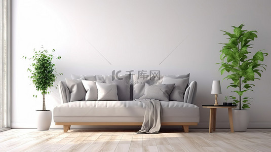 现代客厅内部配有灰色布艺沙发木质边桌和白色木地板上的白色墙壁 3D 渲染图像