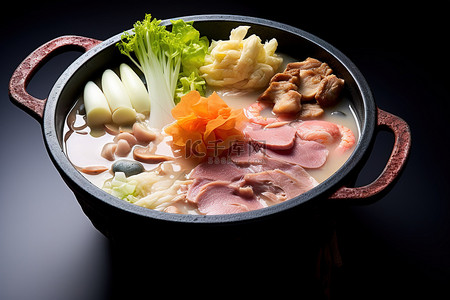 火锅火锅背景图片_日本一碗汤，配料有肉蘑菇卷心菜等