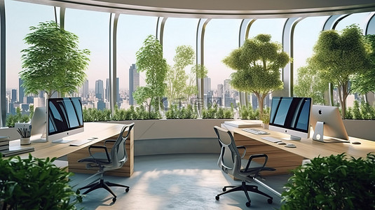 环境办公室设计 3D 渲染台式电脑植物和办公桌上的大窗户