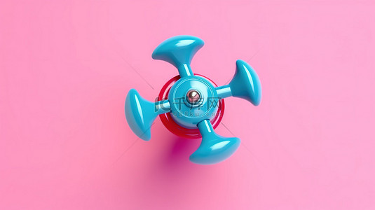 用 3D 渲染创建的粉红色背景下双色调风格的旋转蓝色玩具上衣