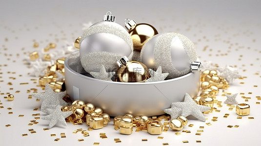 礼品盒插画背景图片_金色和白色3D渲染的圣诞装饰品星星饰品礼品盒和圣诞球