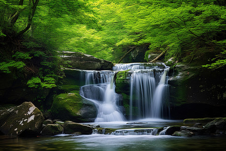 瀑布和水流过茂密的绿色森林