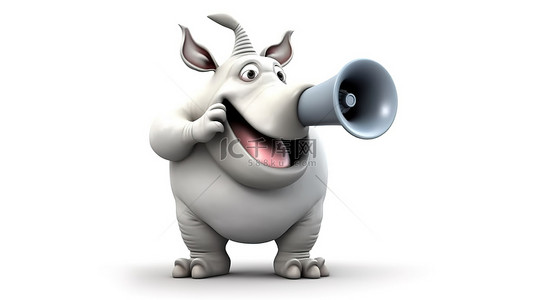 中秋搞笑图片背景图片_搞笑的 3D 犀牛吉祥物用巨大的眼睛对着扩音器说话