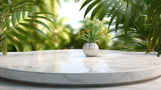 热带树木背景下的产品植入 3D 渲染大理石白色桌子