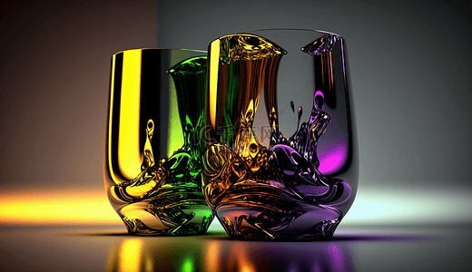 透明玻璃杯彩色光线渐变背景