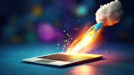 创意展背景图片_以 3D 插图中从笔记本电脑发射的冒烟玩具火箭为象征的创业教育和知识
