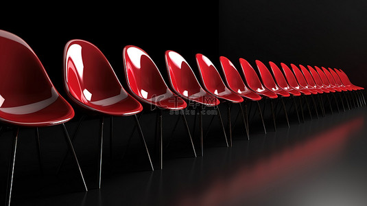 多排优雅的黑色椅子，带有醒目的红色调 3D 渲染