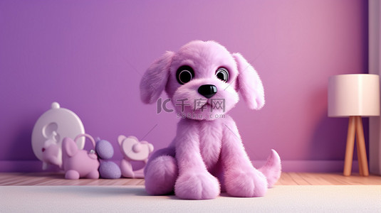 3D 渲染一个可爱的紫色小狗玩具在粉红色游戏室为学龄前儿童