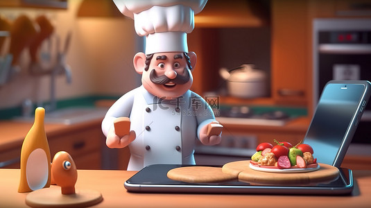制服展示背景图片_智能手机上的厨师提供在线烹饪课程 3D 卡通插图，展示餐厅正确的烹饪交付