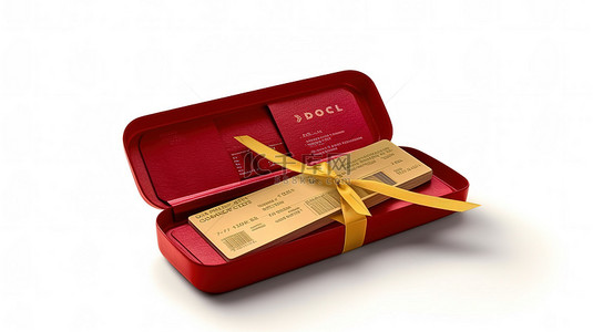 两张头等舱或商务舱航空公司登机牌，装在白色背景的红色礼品盒中，以 3D 渲染