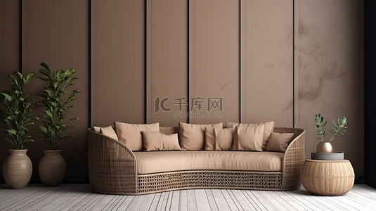 可视化设计室内场景，浅棕色藤编沙发位于休闲角落