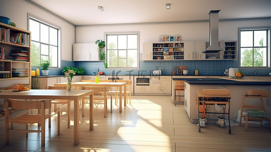 办公室风格背景图片_教室座位配有 3D 渲染的厨房风格家具