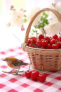 白布上的樱桃篮与鸟