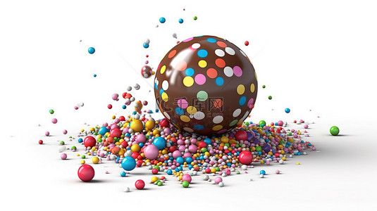 白色背景 3D 插图上带有充满活力的糖粉和涂层巧克力球的美味糖果