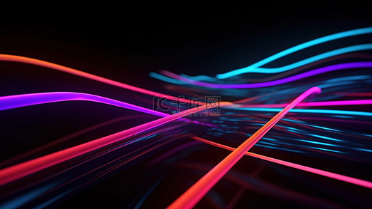 深色背景上充满活力的霓虹灯 3d 渲染，具有移动的速度线和彩色照明