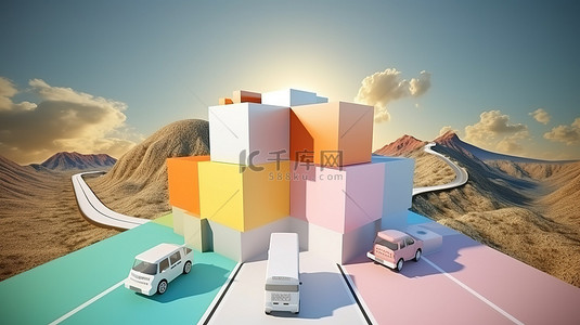 农村道路交通安全背景图片_孤立的广告通过 3D 立方体道路插图促进旅行和度假