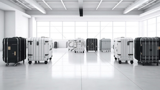 终端背景图片_航站楼出发休息室 3d 为白色背景的旅客呈现手提箱
