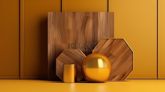 几何静物集 3D 渲染抽象六角形讲台，棕色木质纹理和金色框架