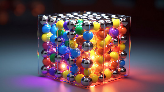 科技蓝色数字背景图片_立方体内充满活力的彩色球，带有强光和抽象插图的引人注目的 3D 渲染