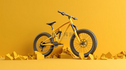 雕刻粘土山地自行车，在黄色背景上呈现充满活力的黄色色调 3d