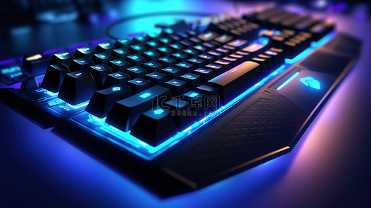 现代游戏计算机模型，具有照明蓝色背景和键盘高科技 3D 渲染